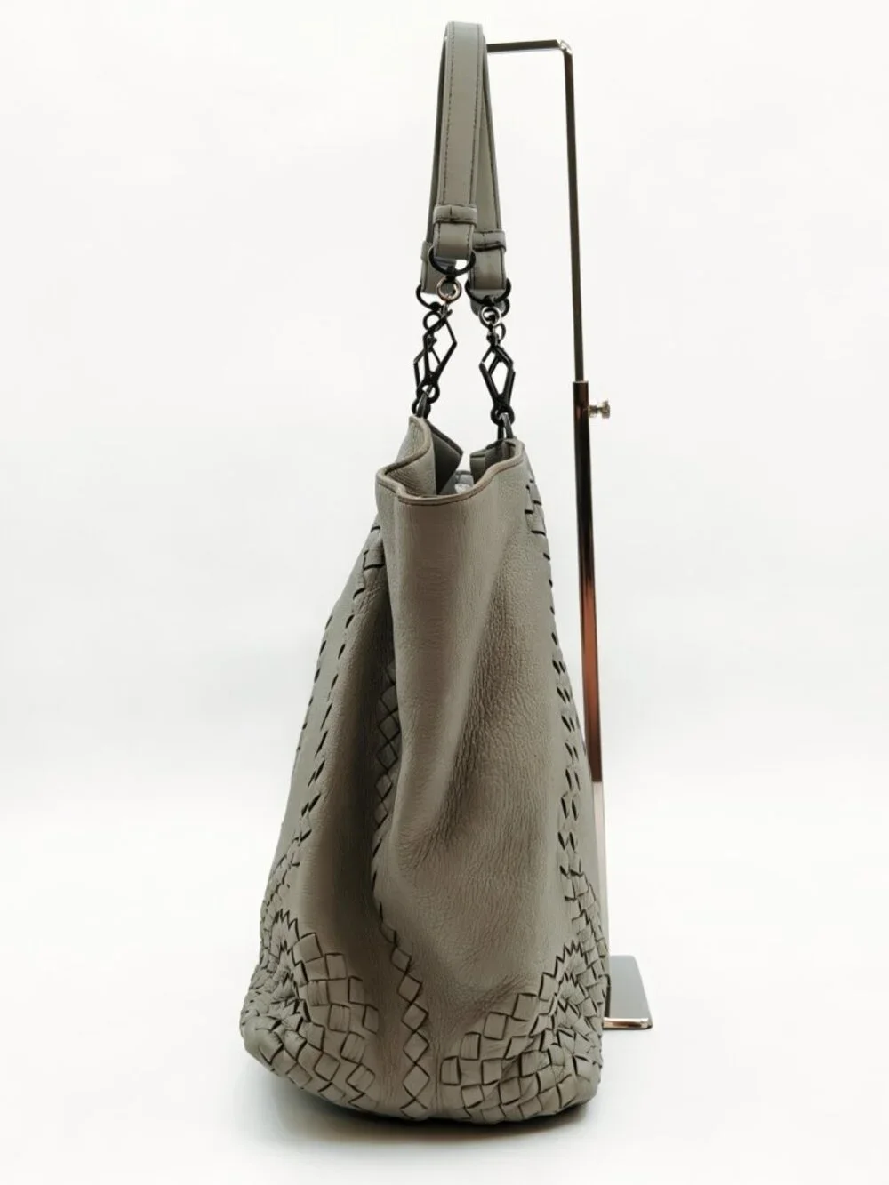 Bottega Veneta Large Leather Tote Bag Gray Intrecciato Shoulder Bag Italy